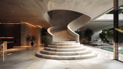 Grand Staircase in Elegant Modern Living Area. Impressive marble staircase in a spacious modern living room with minimalist decor and warm lighting.