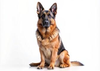 A majestic German Shepherd dog sits serenely on a pure white background, presenting a sharp silhouette with piercing eyes and upright ears, exuding loyalty and focus.