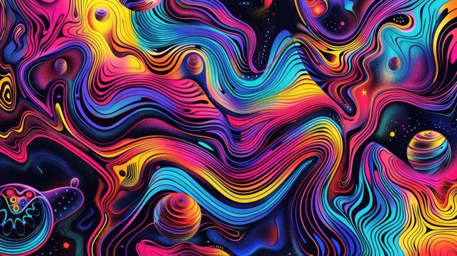 Vibrant Psychedelic Abstract Waves with Cosmic Elements