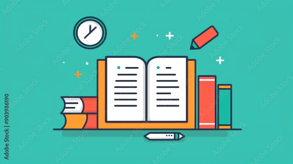 Poster flat design of a learning app interface concept with various educational icons and elements such as 