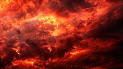 Fototapeta premium Black Fiery Red Dramatic Sky with Clouds, Wide Bloody Red Background, Intense Cloudy Sunset, Fiery Atmospheric Scene, Dramatic Sky Colors, Vibrant Red and Black Sky, Moody and Eerie Background, Fiery 