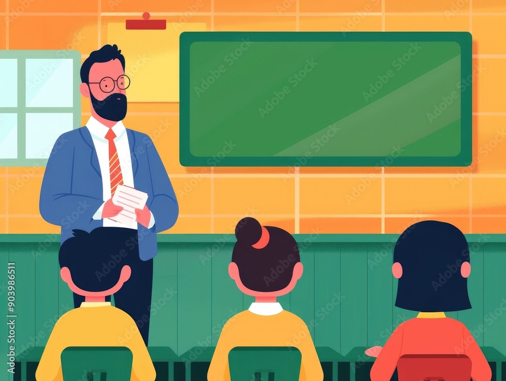 Poster of a teacher standing in front of students in a classroom setting with a chalkboard behind them the 