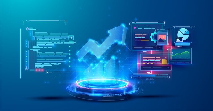 A futuristic 3D illustration of a digital interface with glowing graphs, charts, and data analysis elements on a blue background. Ideal for technology, data science, and business growth themes.