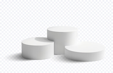 White cylindrical pedestals of varying heights, isolated on a transparent background. The clean and minimalistic design is perfect for showcasing products, branding. 3D vector podium background.