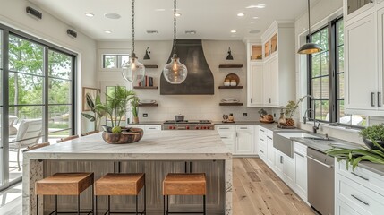 Modern Farmhouse Kitchen with Industrial Touches. Spacious kitchen with a blend of modern farmhouse and industrial design, featuring large windows, a central island, and sleek appliances.