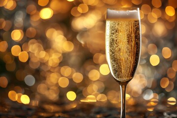 Glass of champagne or sparkling wine on dark blurred background with lights. Celebration concept. Generated AI