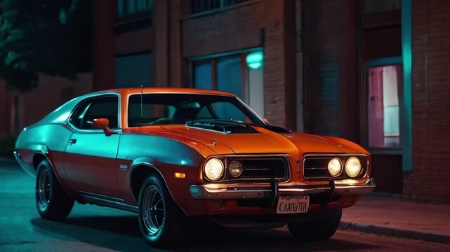 Classic Muscle Car Parked on a City Street at Night