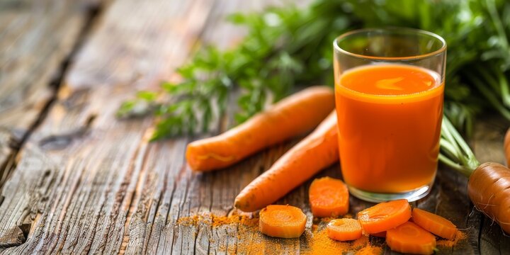 carrot juice on a wooden table.