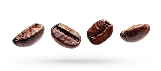 Fototapeta premium Coffee Beans Floating Isolated on White Background, Roasted Coffee Beans, Fresh Coffee Grounds, High-Quality Arabica Beans, Coffee Lover's Delight, Aromatic Beans, Coffee Ingredient, Culinary Element