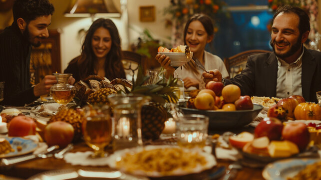 A joyous Rosh Hashanah dinner, with families gathering to enjoy a festive mea