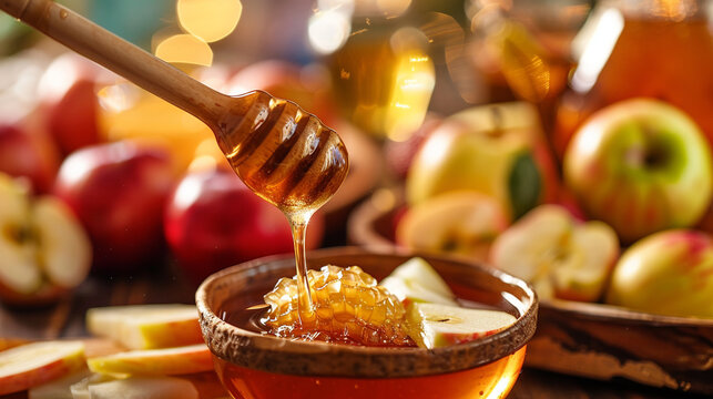 A joyous Rosh Hashanah dinner, with families gathering to enjoy a festive mea