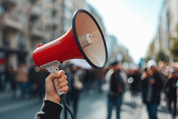 Closeup view of hand holding megaphone or loudspeaker. on street. Speaker on blurred city background. Protest and meeting concept. Generated AI