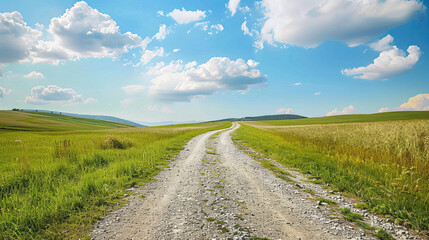 Obraz premium Country Gravel Road through Green Wheat Fields, Natural Landscape, Blue Sky with Clouds, Rural Scenery, Agricultural Area, Countryside Road, Scenic Farmland, Beautiful Outdoor View