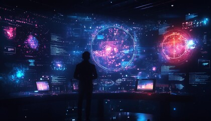 Fototapeta premium Futuristic Brainstorming Ideas: Digital Display Against a Black Background, brainstorming environment, digital tools and ideas
