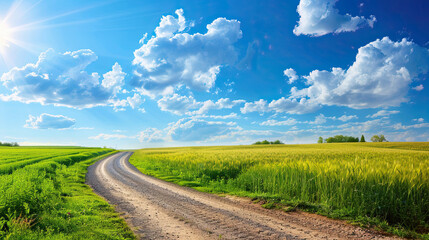Obraz premium Country Gravel Road through Green Wheat Fields, Natural Landscape, Blue Sky with Clouds, Rural Scenery, Agricultural Area, Countryside Road, Scenic Farmland, Beautiful Outdoor View
