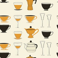 Seamless Pattern of Assorted Beverage Vessels on Neutral Background