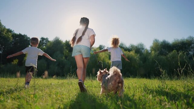 Dog is running on the grass with children. child happy fun concept. a group of children and a dog are running on the grass. a group of children are running on the grass lifestyle in a park.