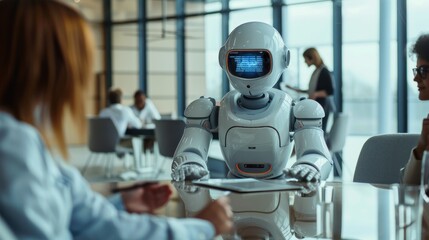 A futuristic office setting where a humanoid robot collaborates with humans at a round table. The robot's screen displays analytical data, while humans engage in conversation, showcasing the