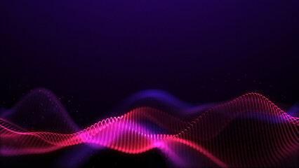 Bright pink wave on a dark background. Purple smoke. Fluorescent red blue smooth motion of particles on a blurred data stream. Oscillation of digital waves. Vibration of the flow of space. Sci-fi, 4k