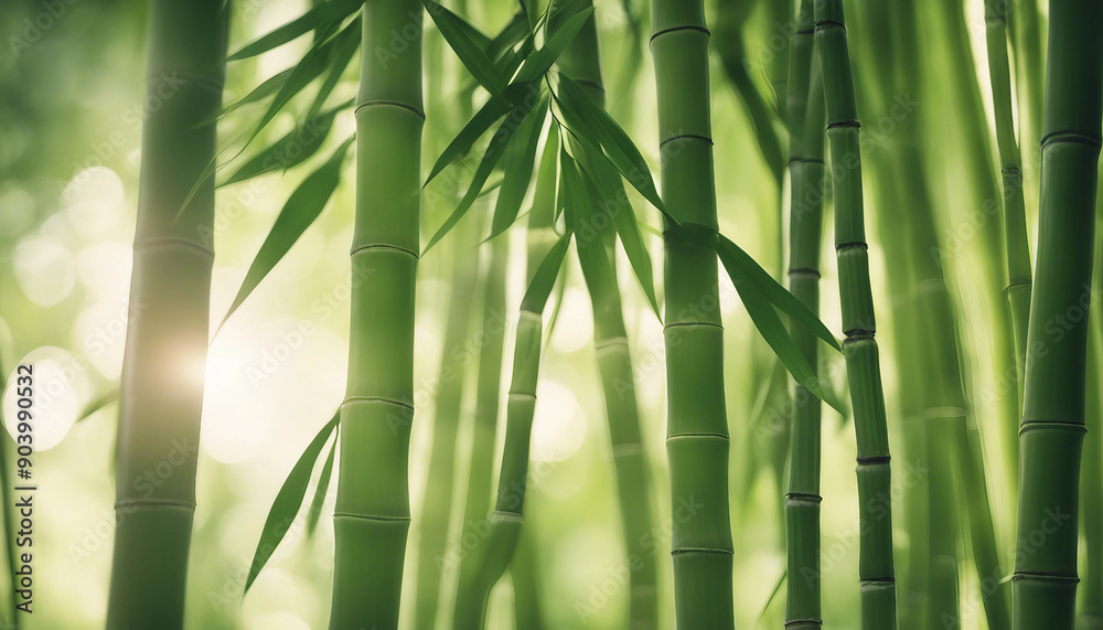 Wall mural serene image of bamboo leaves with sunlight filtering through, creating a peaceful scene