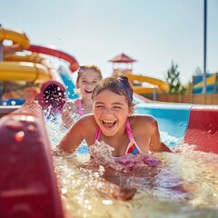 Children Laughing on a Water Slide at a Water Park