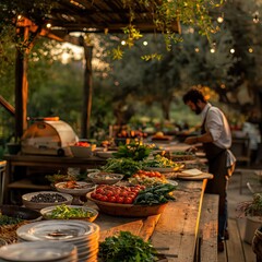 Rustic Outdoor Kitchen with Chef Preparing Fresh Meals