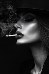 Obraz premium portrait of the face of a smoking woman with angular cheekbones and a hat in black and white