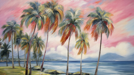 Fototapeta premium Tropical beach landscape with palm trees and vibrant sunset