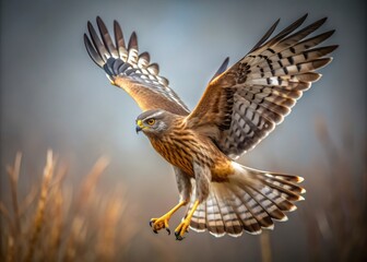 Obraz premium Majestic harrier in motion, a blur of grey and brown feathers, sleek body and outstretched wings, against a clean, light-gray studio background.