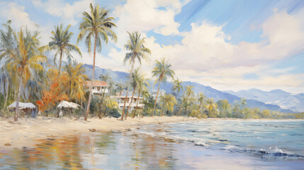 Obraz premium Tropical beach landscape with palm trees and crystal clear water in summer