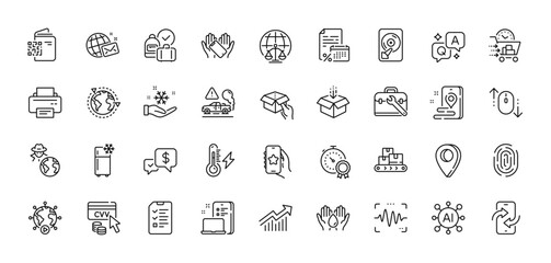 World mail, Wholesale goods and Hold box line icons pack. AI, Question and Answer, Map pin icons. Qr code, Get box, Refrigerator web icon. Cvv code, Hdd, Demand curve pictogram. Vector