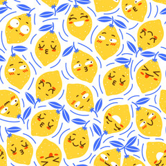 Fototapeta premium Seamless pattern with cute yellow lemon characters isolated on white background for Your happy design 3