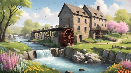  old mill on a river surrounded by spring flowers

