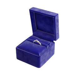 Opened small plush velvet jewelry gift box with wedding ring on isolated background