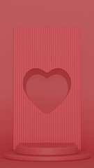 3d render realistic red and white 3D cylinder pedestal podium with window heart shape background. Valentine minimal scene for products showcase, Promotion display. Abstract studio room platform design