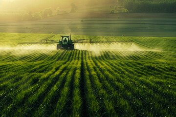 A tractor processes green plants on the field. Waters, sprays.