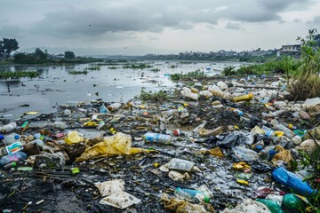 Heaps of garbage in the lake on the shore.