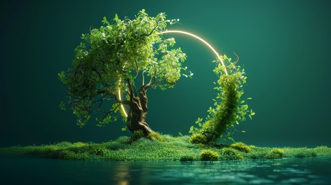 A whimsical illustration of a neon frame in the shape of a tree, with fresh leaves sprouting from the branches, symbolizing growth, vitality, and freshness.