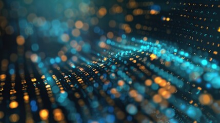 Dynamic representation of data flowing through vibrant light particles in blue and gold tones