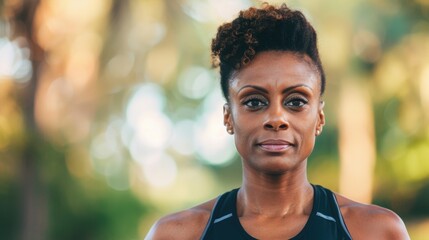 A confident woman is engaged in her fitness routine outdoors within a vibrant park
