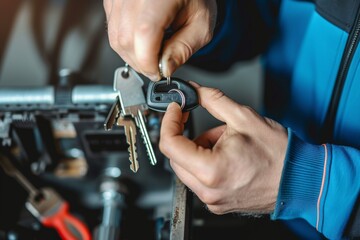 Man copying car key with key copy machine One young man, professional key cutter, making door keys copies in locksmith
