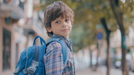 A young boy wearing a blue plaid shirt
