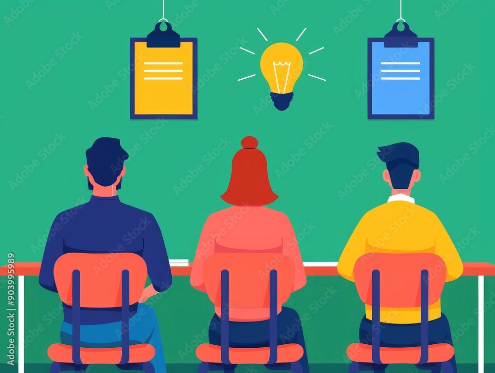 Poster flat design depicting the concept of idea exchange and collaborative learning in a classroom environ