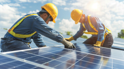 Technicians in Uniforms and Helmets Installing Solar Panels on Home Rooftop - Skilled Workers Promoting Clean Energy and Efficient Electricity Supply Photo
