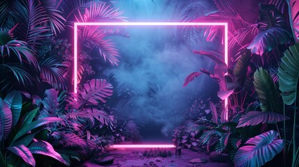 Fototapeta premium A neon frame surrounds a tropical garden, with lush plants and neon elements adding a vibrant and energetic feel to the scene.