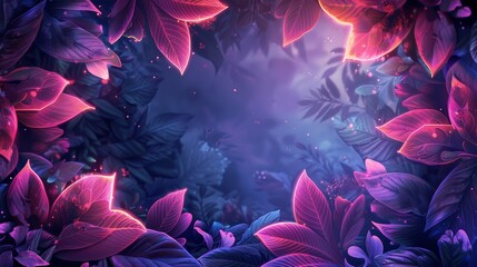 A neon frame surrounds a group of glowing leaves, with neon lights adding a surreal and magical atmosphere. Ideal for projects that need a whimsical and enchanting touch.