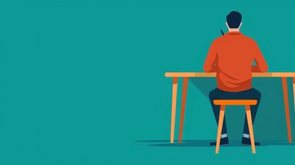 Fototapeta premium Flat Design of a Student Focused on Writing an Exam or Test in a Classroom Setting at a Desk or Table Educational Academic or School Concept