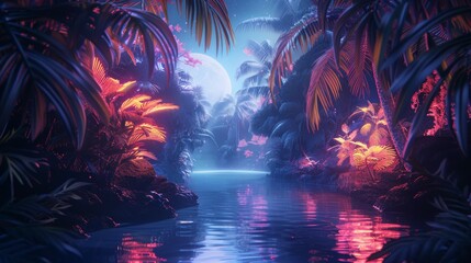 Fototapeta premium Within a neon frame, a tropical oasis is depicted, with intricate neon patterns highlighting the beauty of the lush environment. This illustration combines nature and technology for a unique and