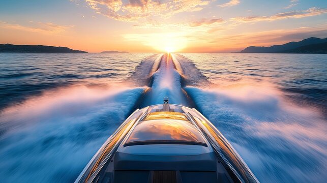 A speedboat races through the blue ocean, its bow cutting through the water as the sun sets.