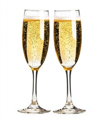 Two Glasses of Champagne Clinking on White Background with Clipping Path, Full Depth Foreground and Background, Soft Shadows, Clean Sharp Focus